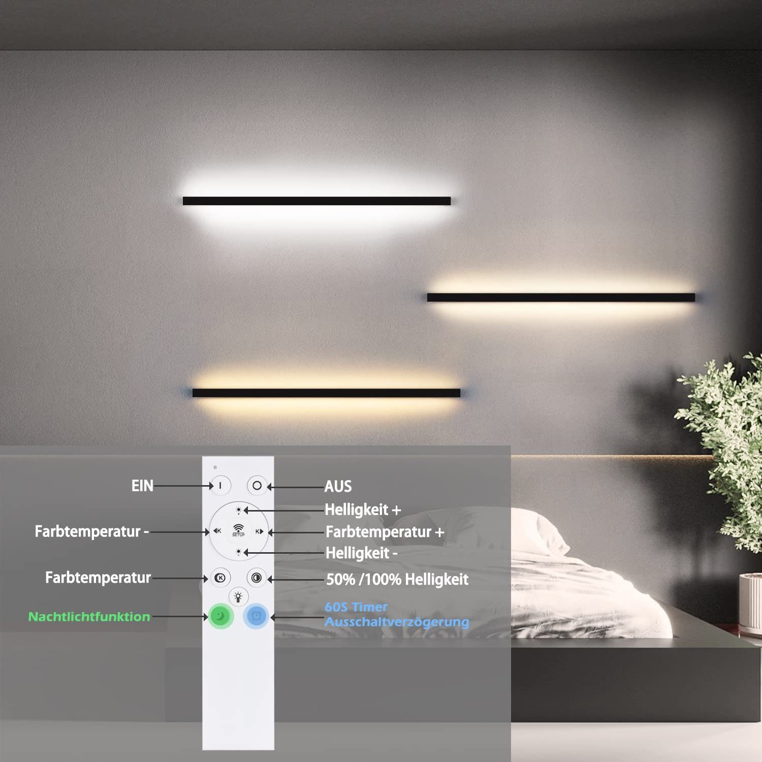 NETTLIFE LED - vägglampa för inomhusbruk, svart, dimbar, 100 cm, modern, 15 W, halllampa, vägglampa