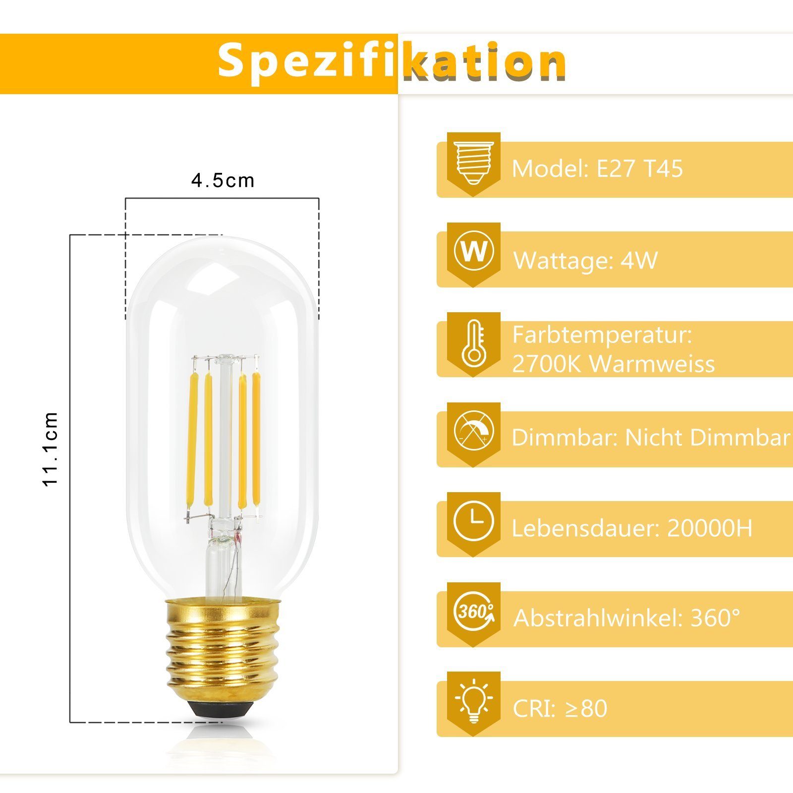 NETTLIFE 4 st E27 LED-lampor, varmvita 2700K, vintage T45 LED-lampor, 4 W, retro Edison-glödtråd, glas, energibesparande