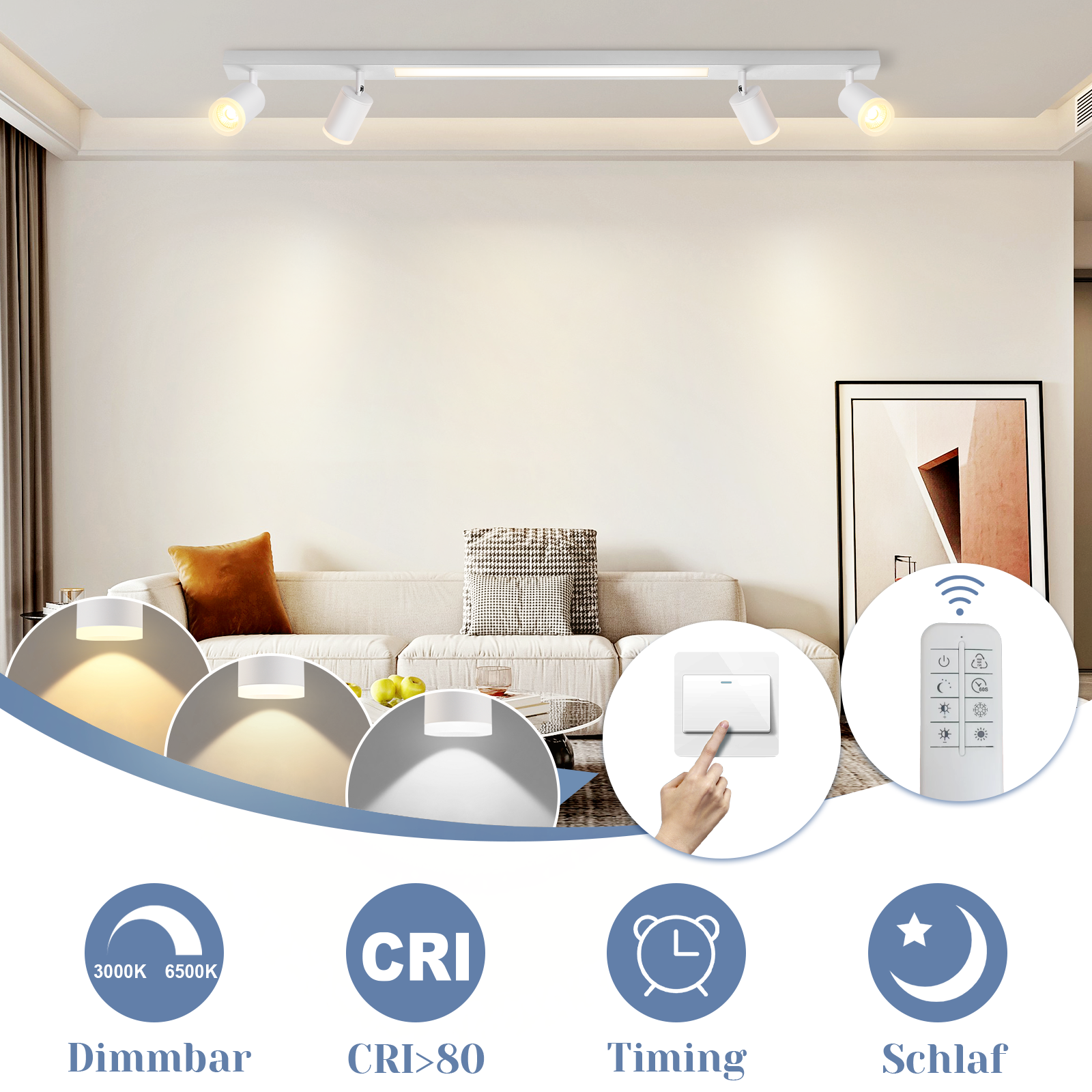 NETTLIFE LED-taklampa 4 dimbara lampor 38W vit med fjärrkontroll 3000K-6500K justerbar 350°