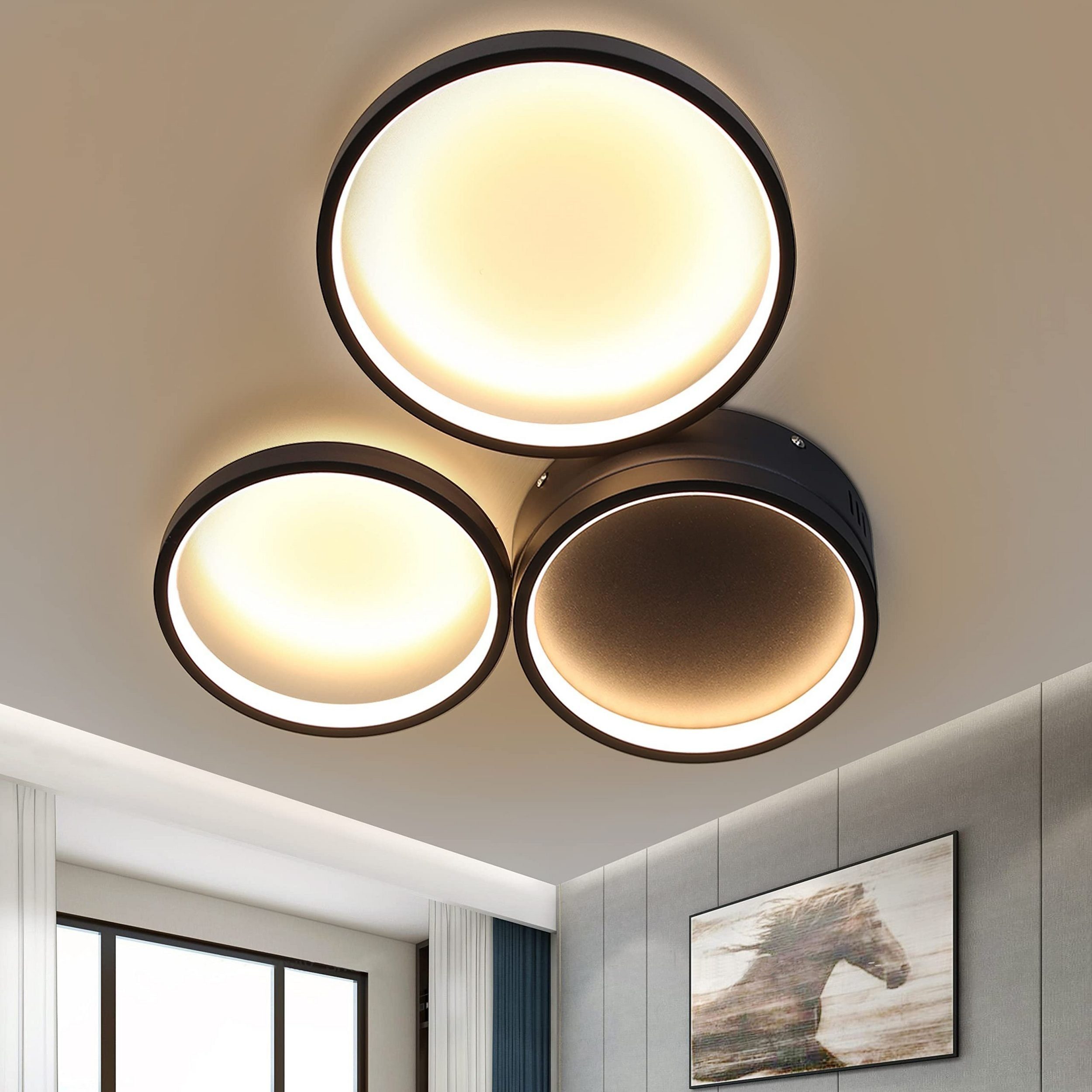 NETTLIFE LED - taklampa 22 W, sovrum, svart, varmvit, 3 ringar, modern inredning, vardagsrum, barnrum, hall, matsal