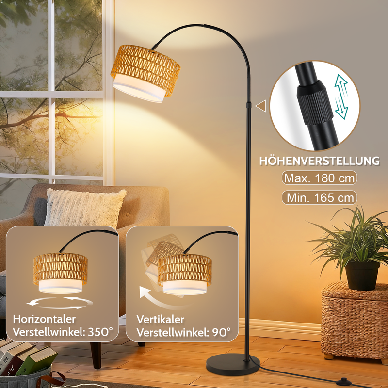 NETTLIFE Kaari golvlampa, svart järnfot, tygskärm Ø30 cm, marmorfot Ø26 cm, höjd 181 cm, utan ljuskälla