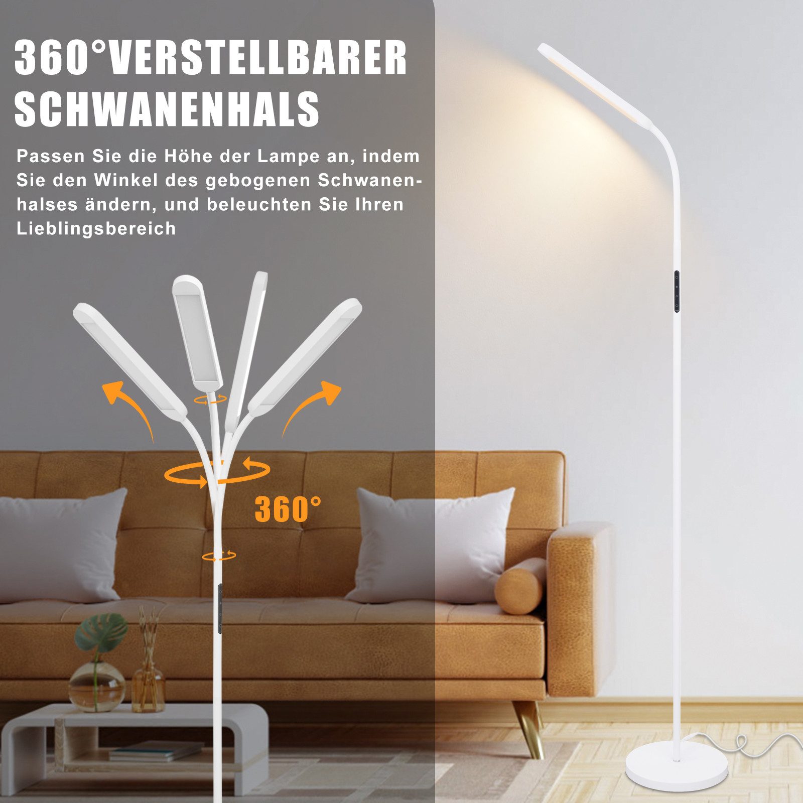 NETTLIFE LED - golvlampa för vardagsrummet, dimbar, vit golvlampa, 11 W, 360° roterbar, soffa