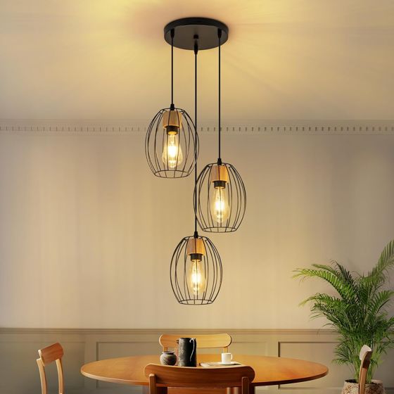 NETTLIFE Vintage svart pendellampa med 3 ljuskällor, industriell chic, metall och trä, E27
