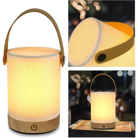 NETTLIFE LED - touch-bordslampa Bärbar, sladdlös, tygskärm i trä, med dimningsfunktion
