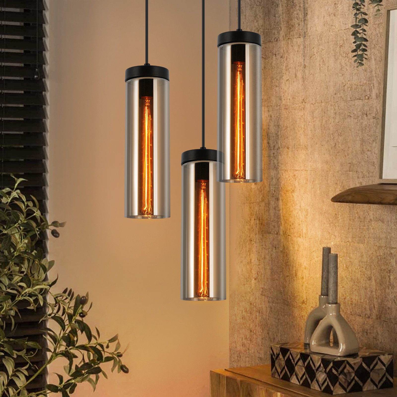 NETTLIFE Retro, mattsvart, glas, matbord, hängande lampa, 3 lågor, E27