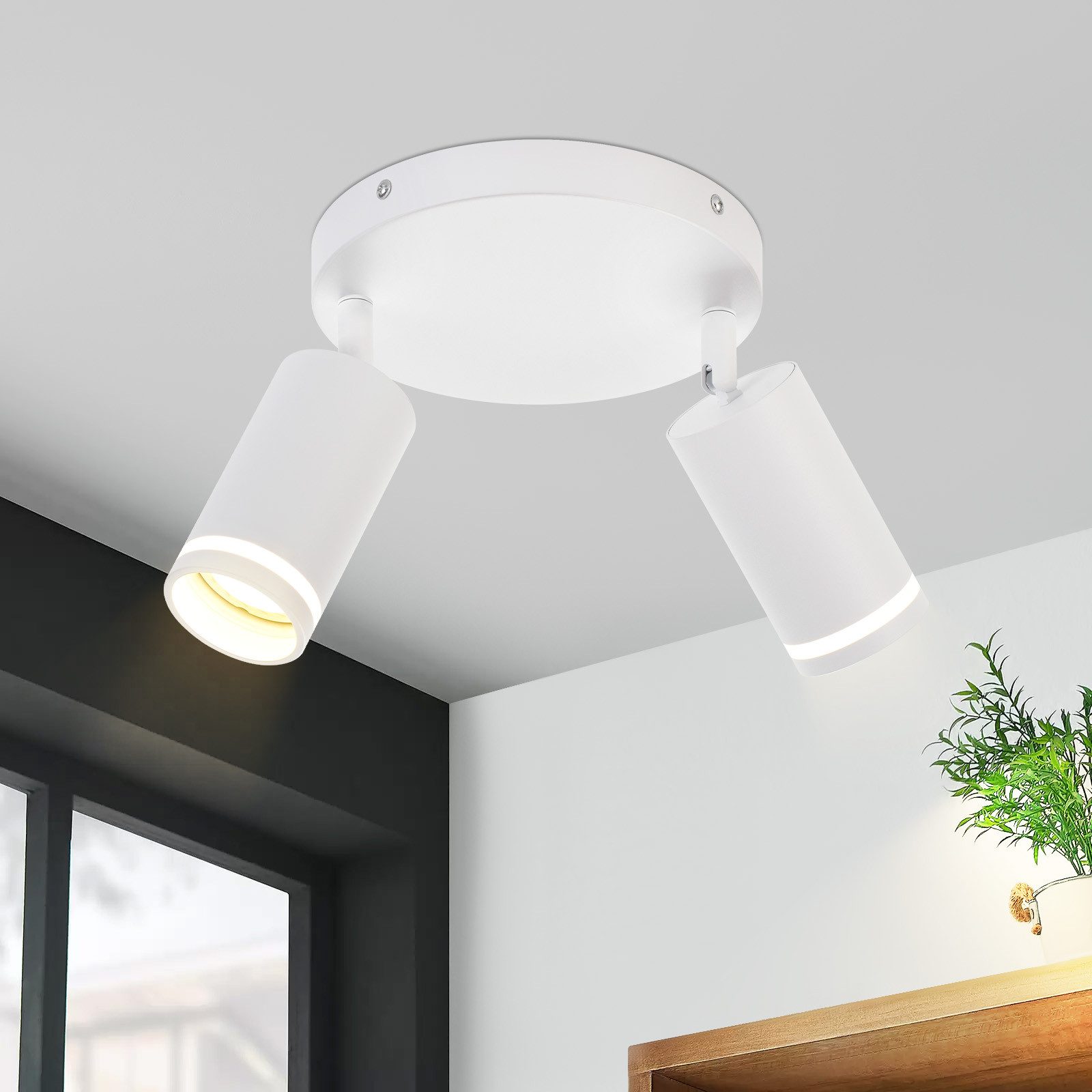 NETTLIFE LED-taklampa med 2 lågor - Vit GU10-taklampa Roterande spotlight i trä Utan glödlampa