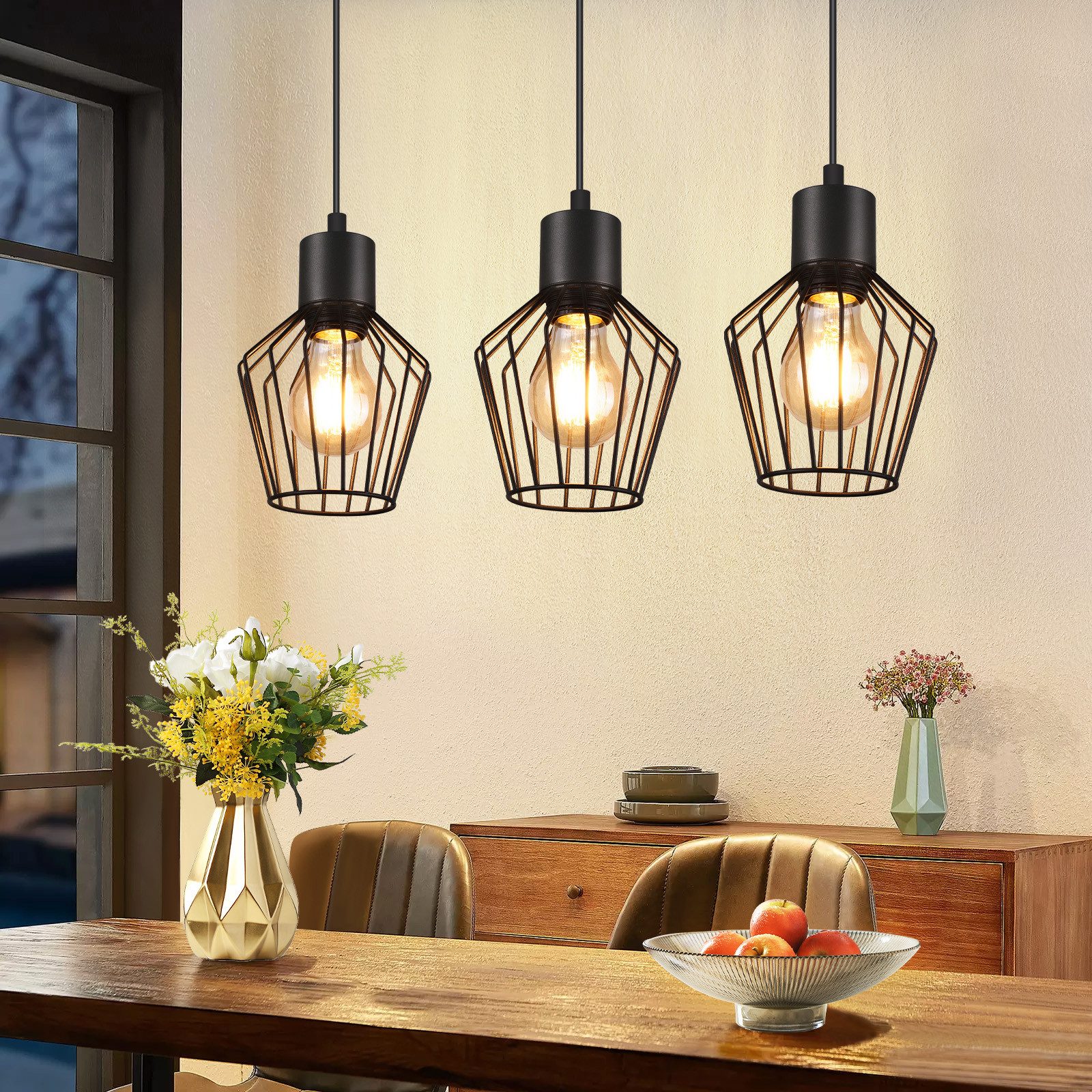 NETTLIFE pendellampa med 3 lågor, industriell stil, metall, svart, LED, E27