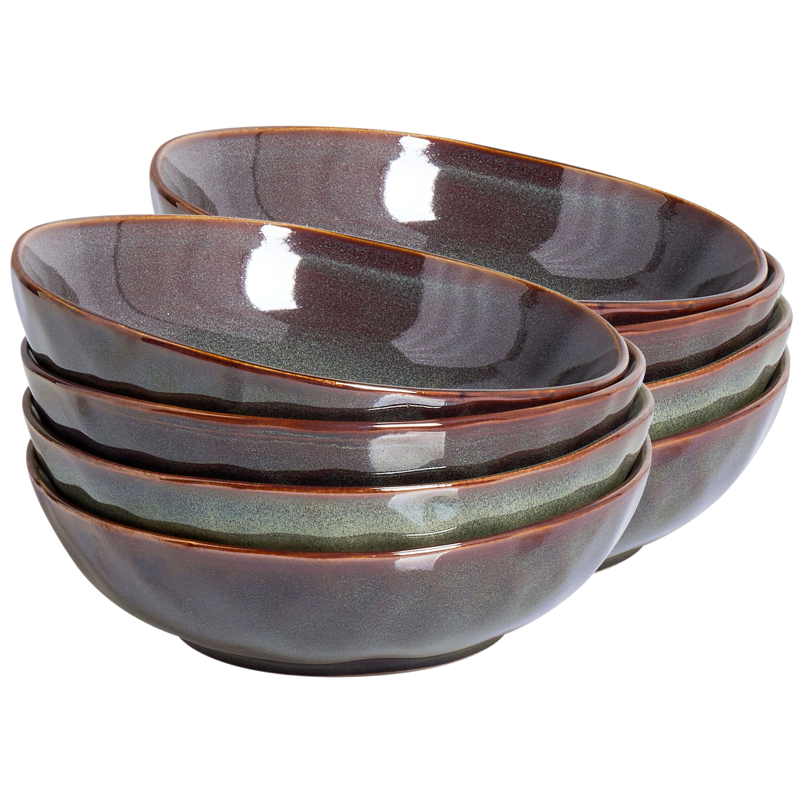 Set med 8 djupa tallrikar THYME Stengods Mörkgrön 19 cm