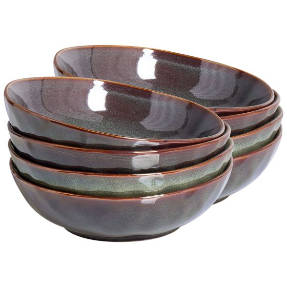 Set med 8 djupa tallrikar THYME Stengods Mörkgrön 19 cm
