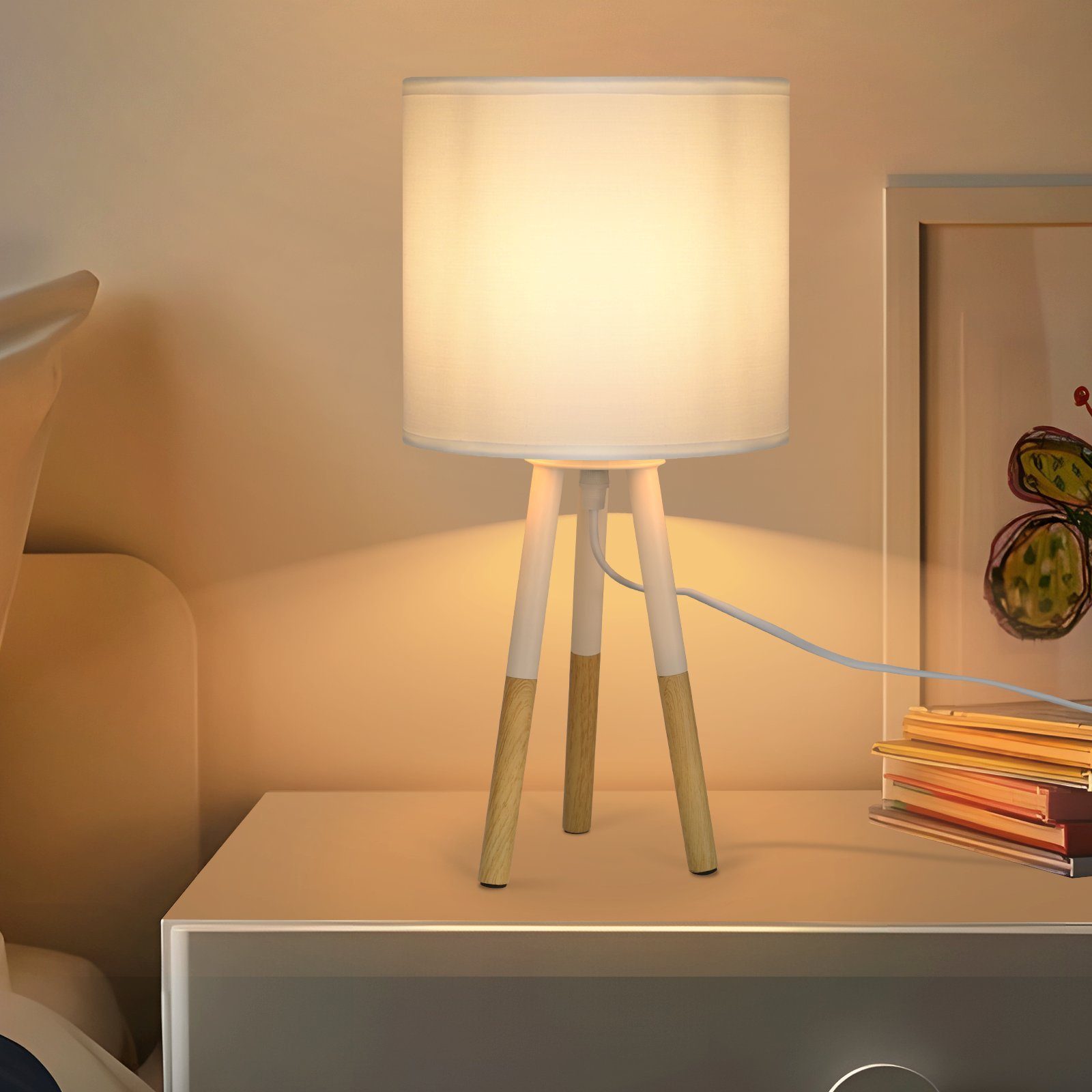 NETTLIFE Nattduksbordslampset, 1 st, modern bordslampa - Vardagsrumsbordslampa med tygskärm, E27-sockel, max. 40 W, vit