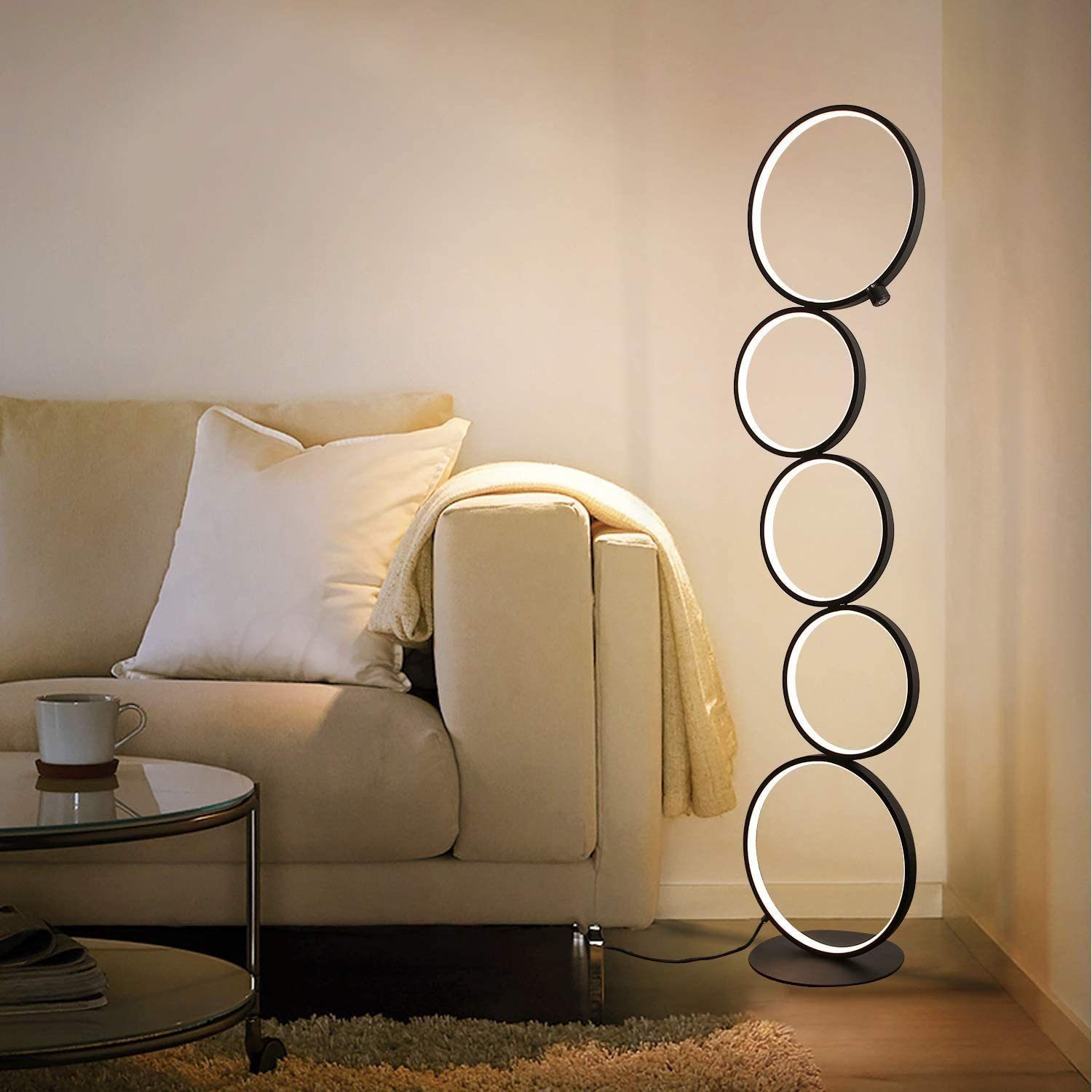 NETTLIFE modern LED-golvlampa dimbar 32W golvlampa med touch-strömbrytare 3000K aluminium 5 lågor ring