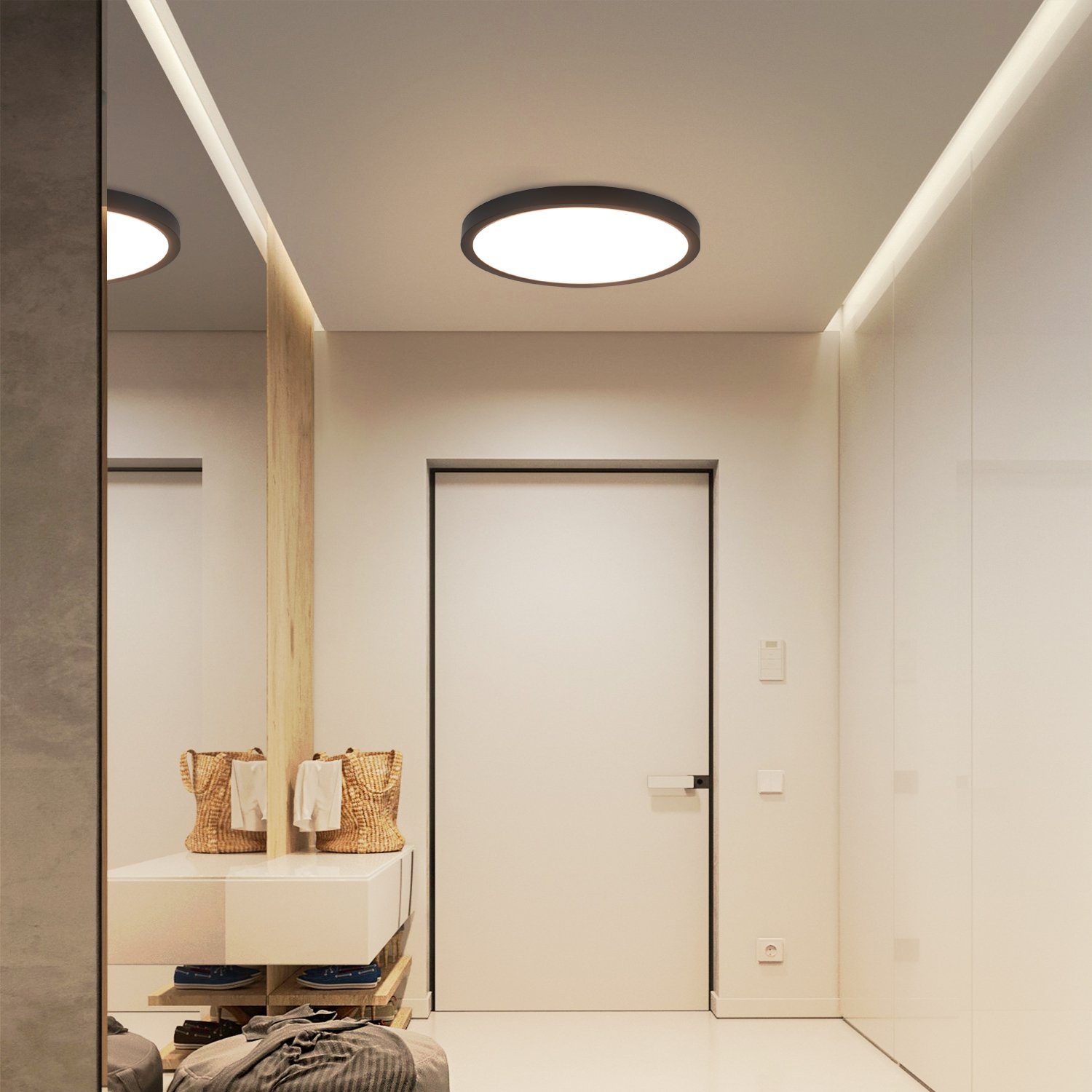 NETTLIFE LED-paneltaklampa, svart, rund, platt, IP44, LED neutralvit