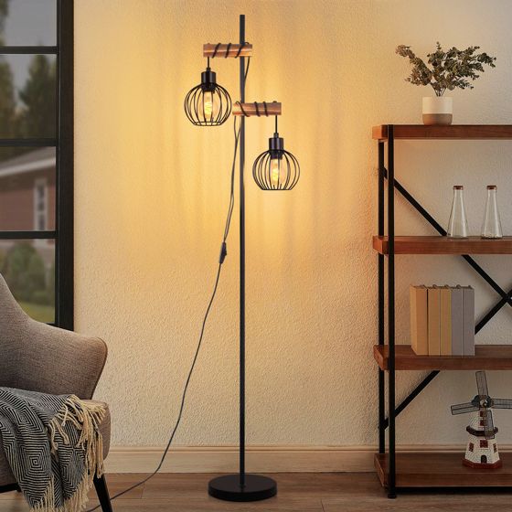 NETTLIFE Svart golvlampa vardagsrum golvlampa trä - vintage golvlampa 2 metalllampor med strömbrytare E27-sockel 152 cm (utan lampa)
