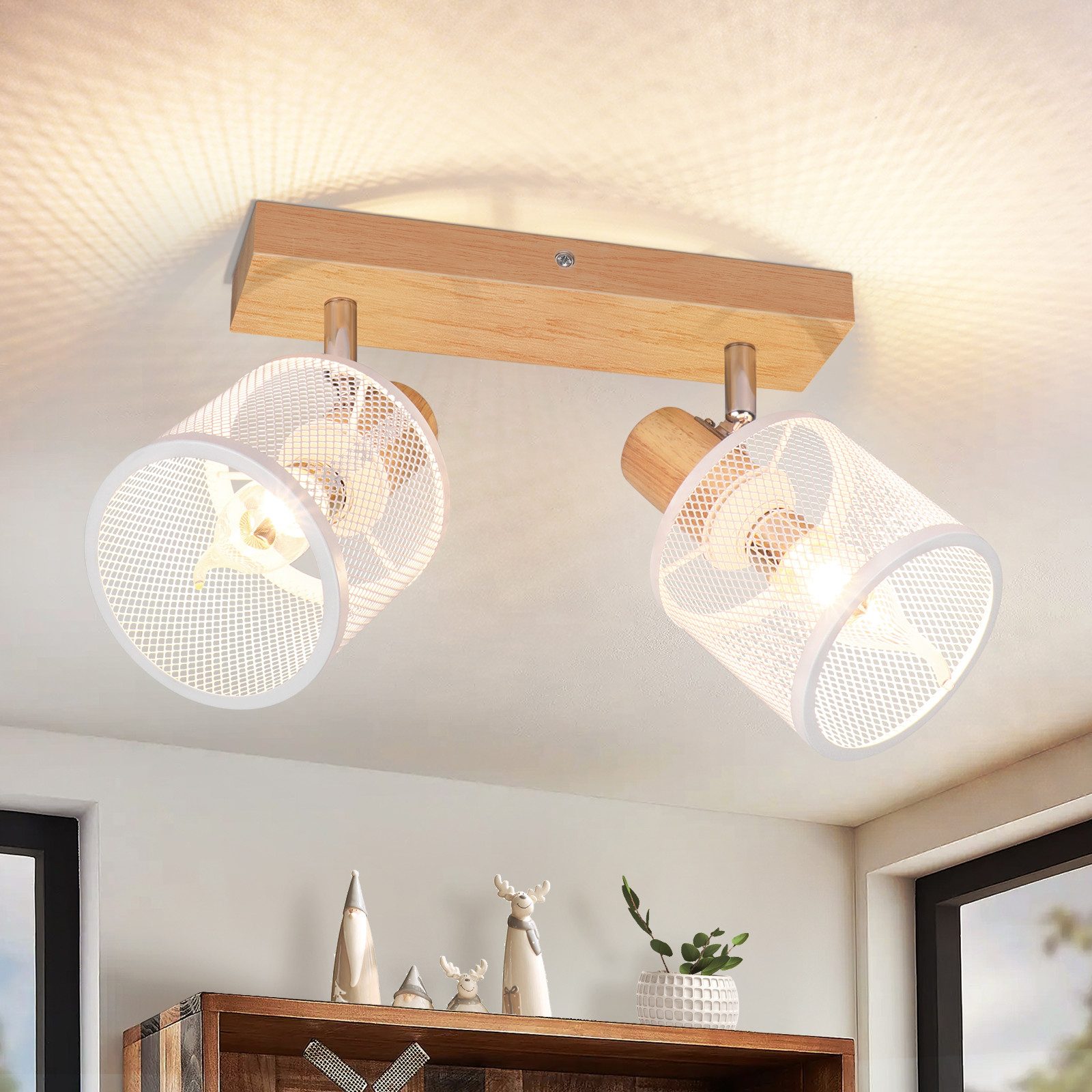 NETTLIFE - taklampa, 2 vita spotlights, trämönster - E14 taklampa, justerbar 350°, 4 glödlampor, max 25 W