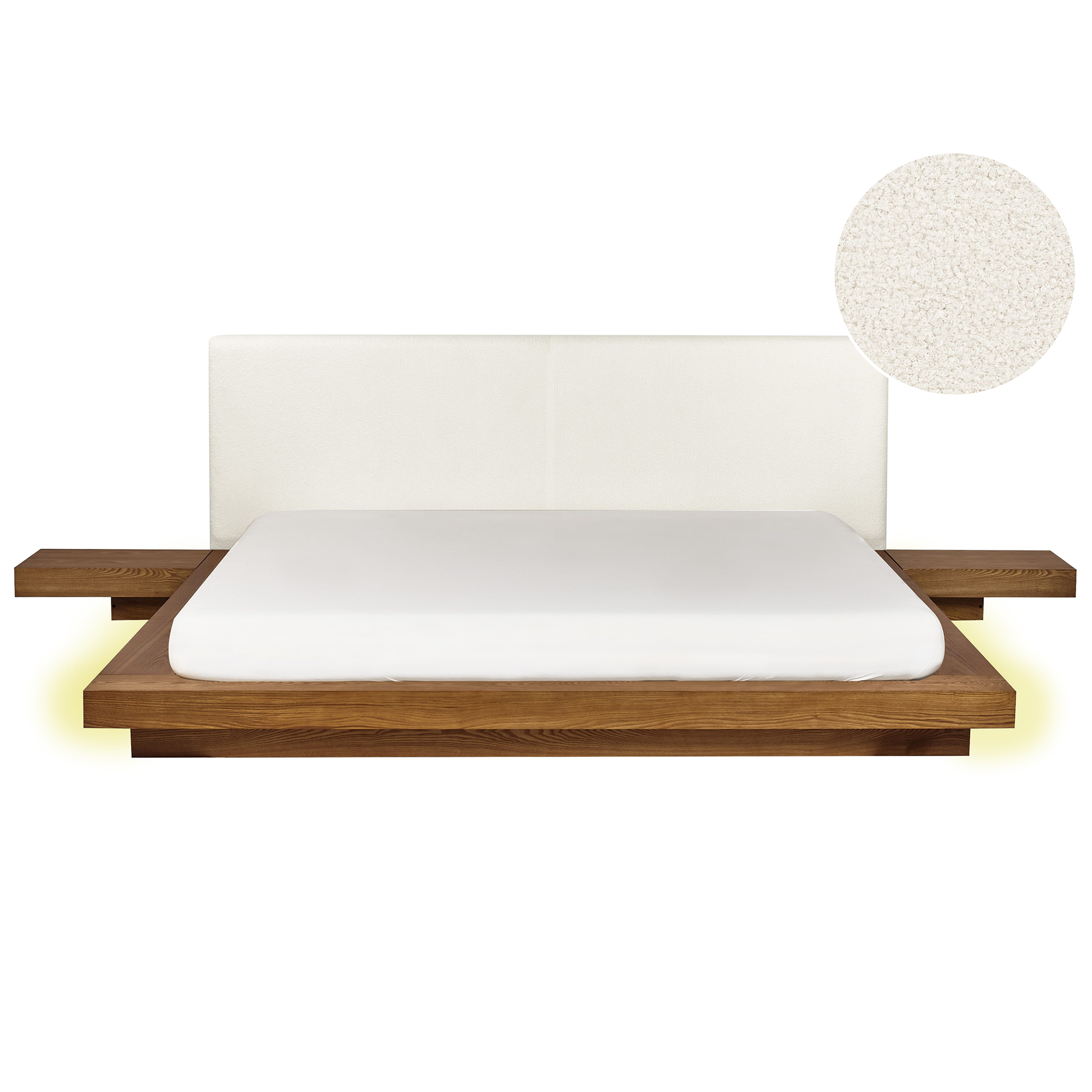 Säng med LED-belysning Bouclé ZEN 180 x 200 cm LED Naturlig askfanér