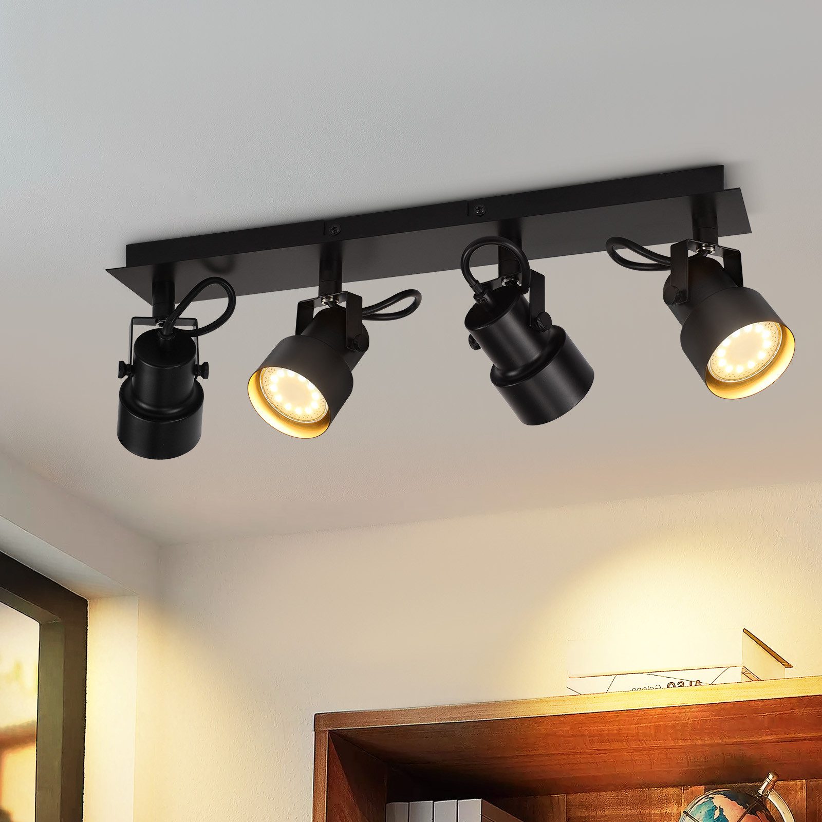 NETTLIFE svart takspotlight vintage - taklampa GU10 kökslampa med justerbara 4 lågor vintage 350°