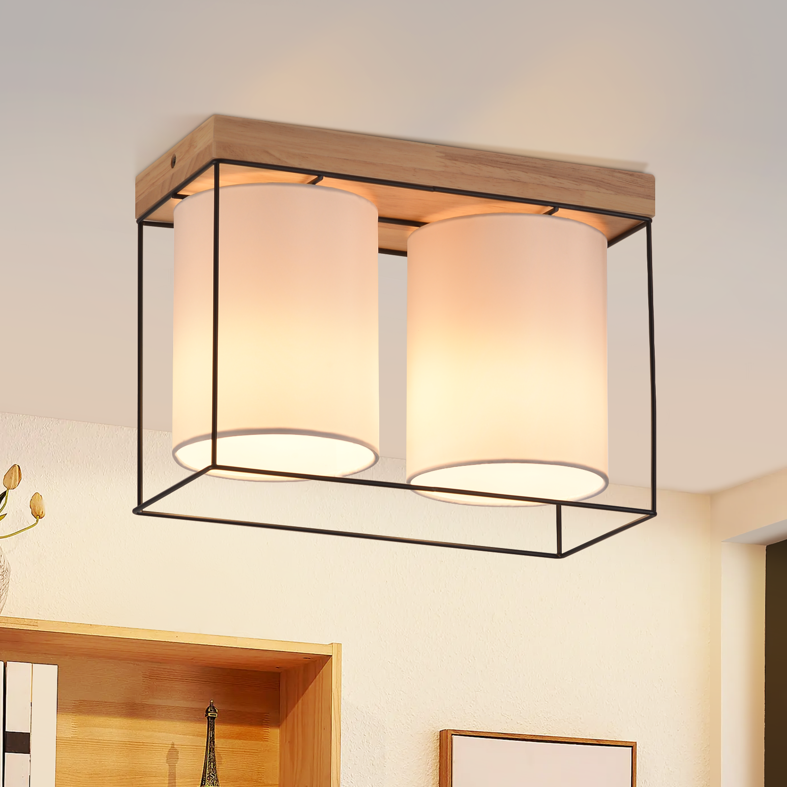 NETTLIFE Taklampa för sovrum, taklampa i vintagestil, 2 E14-lampor, trä, retro - industriell - stil