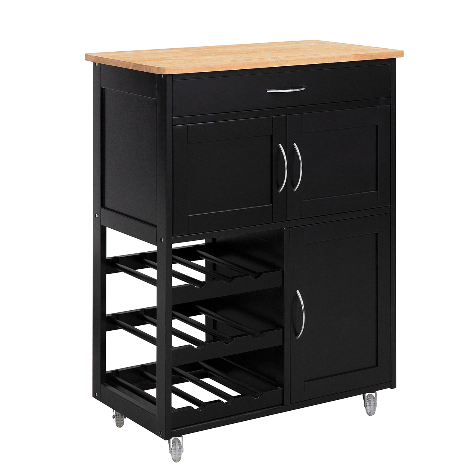 SoBuy Köksvagn med hjul – Multifunktionell rullande förvaringsvagn, köksö med vinställ – Mobil skänk för små kök, matsal och trädgårdsbruk svart 67x86x38cm FKW45-SCH