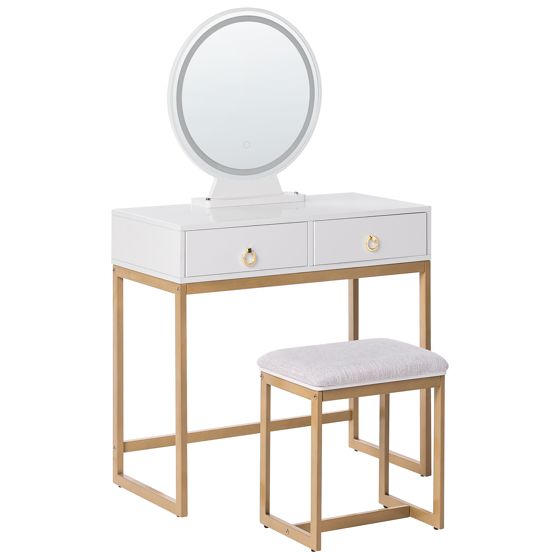 Sminkbord med spegel och pall AUXON LED Vit