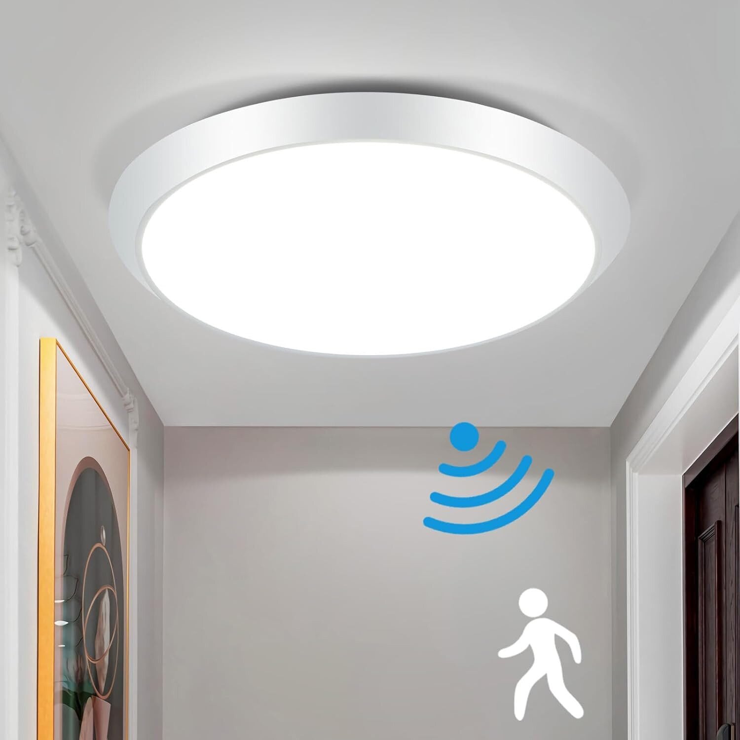 NETTLIFE LED-taklampa, rund vit, med rörelsesensor 15W, för inomhusbruk 4000K, neutralvit, IP44 trapplampa, 30 cm för hall