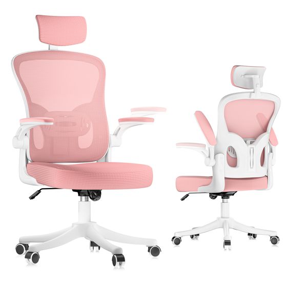 Kontorsstol A ergonomisk S form ryggstöd justerbar nackkudde för komfort rosa