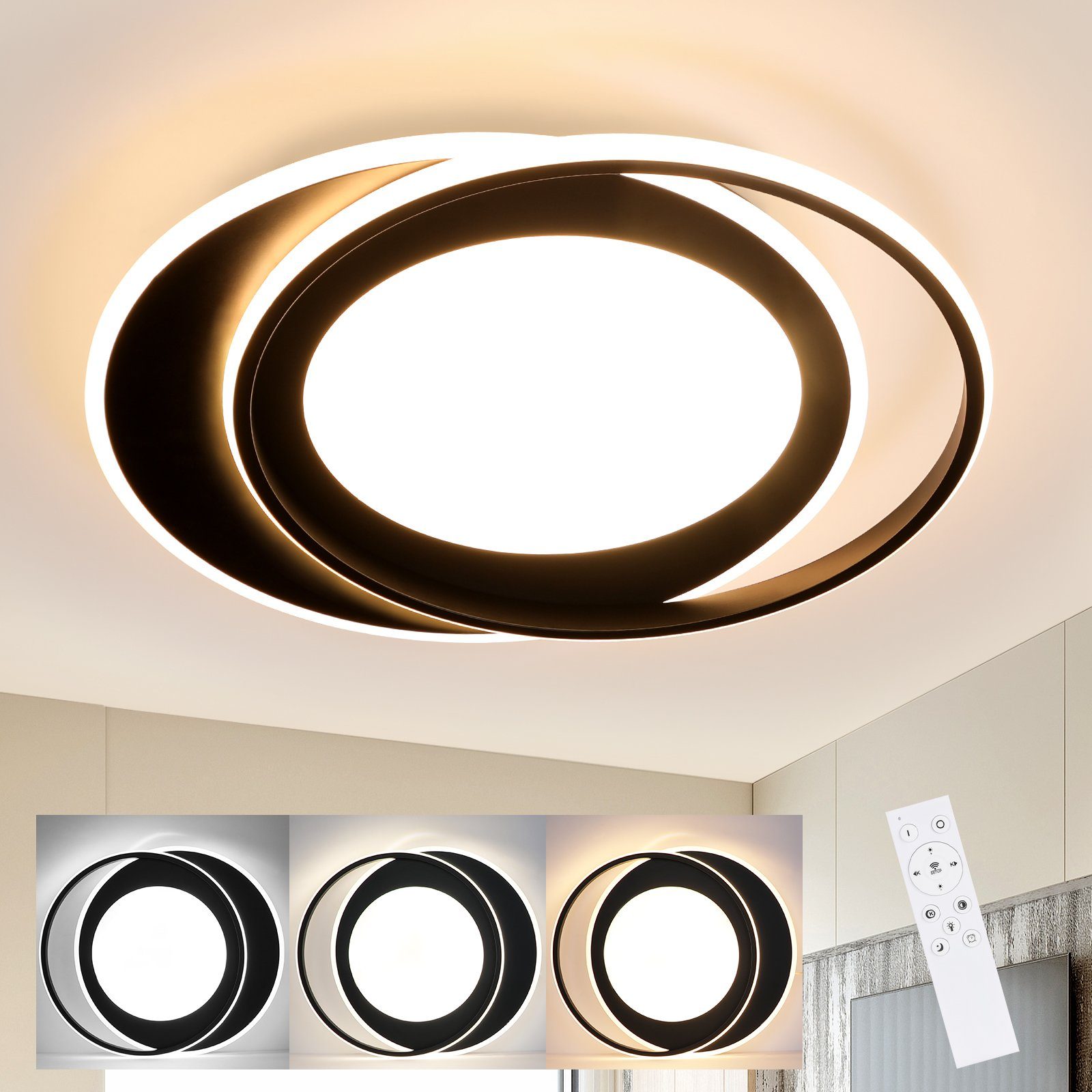 NETTLIFE rund LED-taklampa, 66W modern, sovrum svart, dimbar Med fjärrkontroll, för vardagsrum För kök För hall För kontor