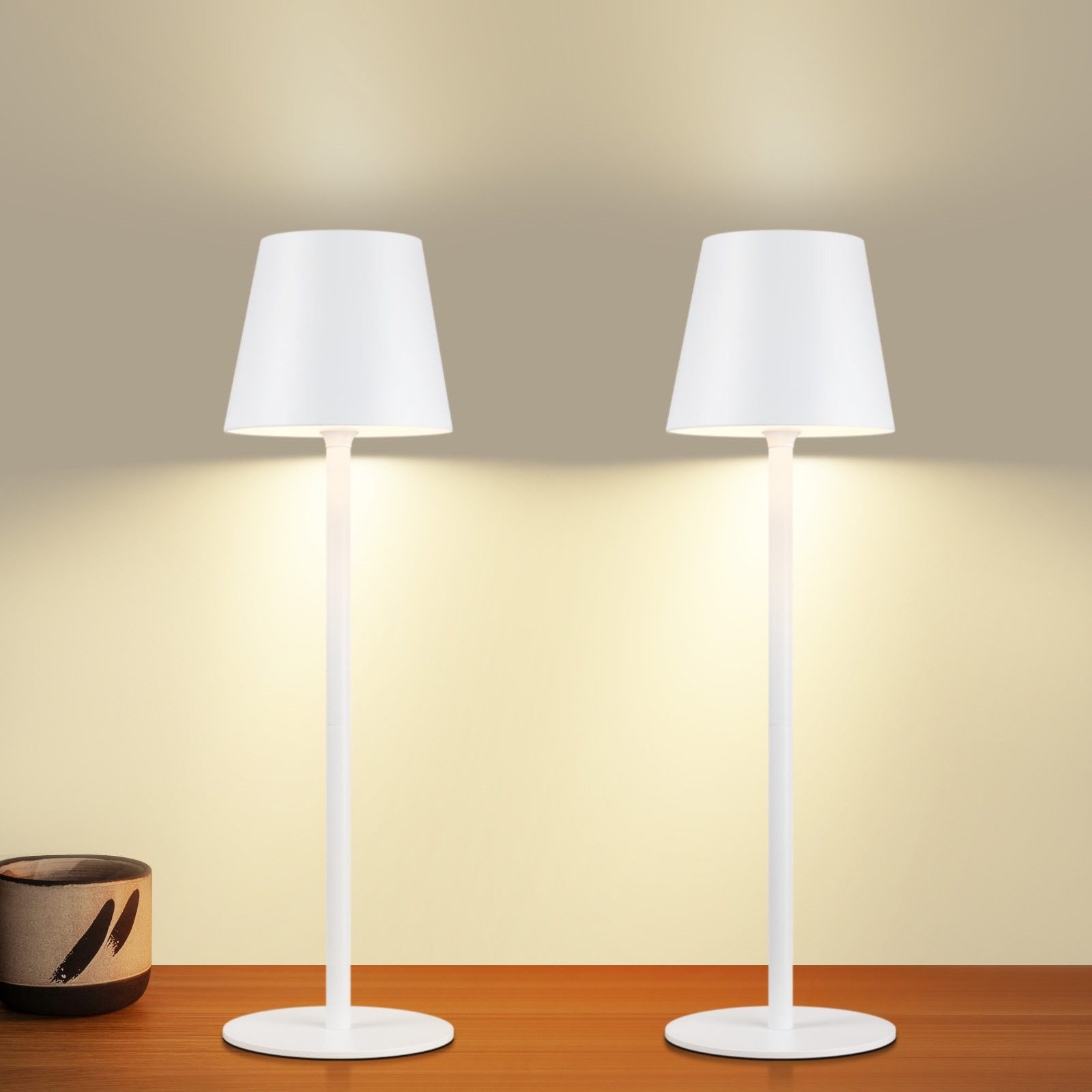 NETTLIFE Trådlös batteridriven, sänglampa, 2 st - 2600mh A, LED - uppladdningsbar, utomhusbordslampa Pekskärm, batterilampa Vit, USB