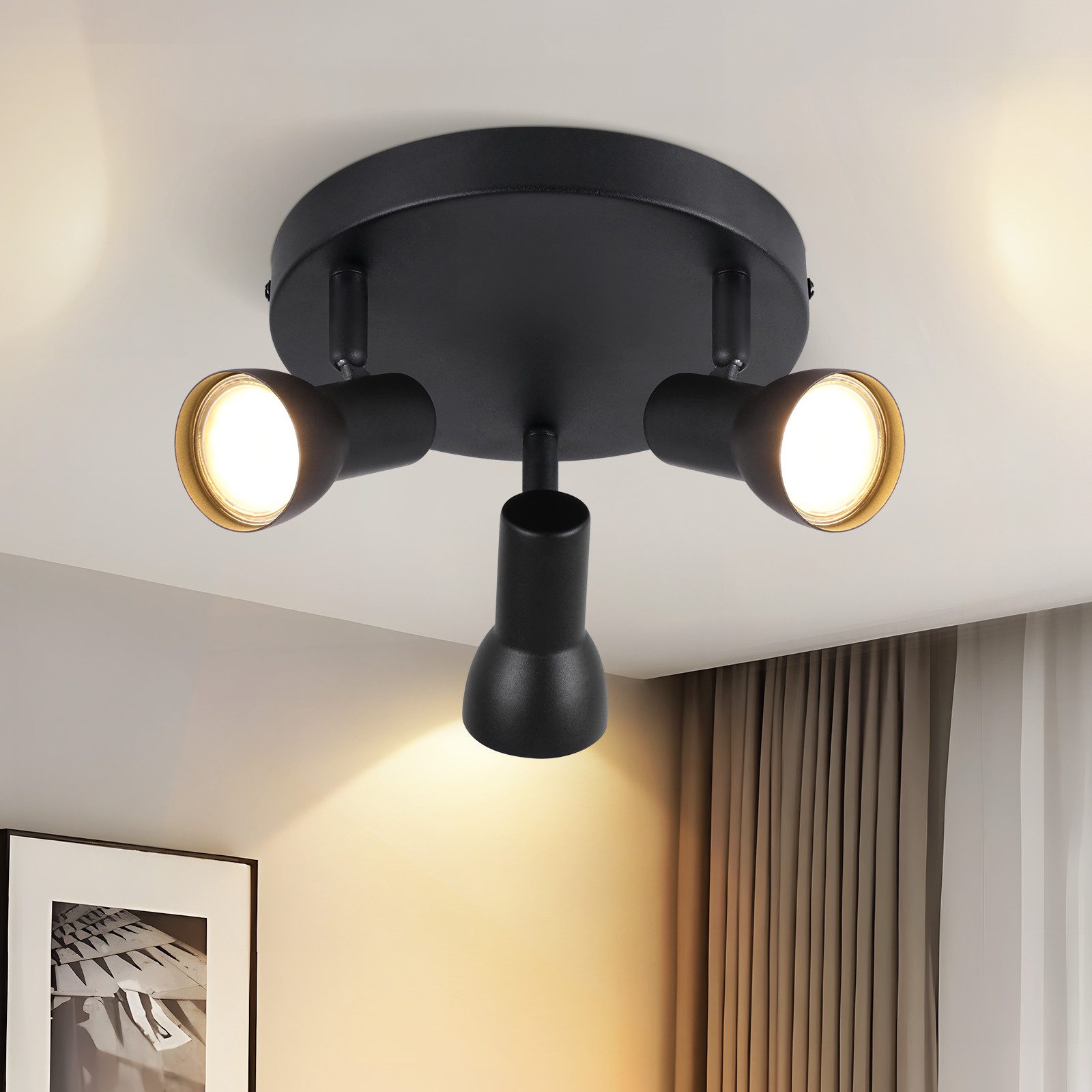 NETTLIFE Takspotlight med 3 lågor, svart taklampa, modern design, runda takspotlights i metall, GU10-sockel