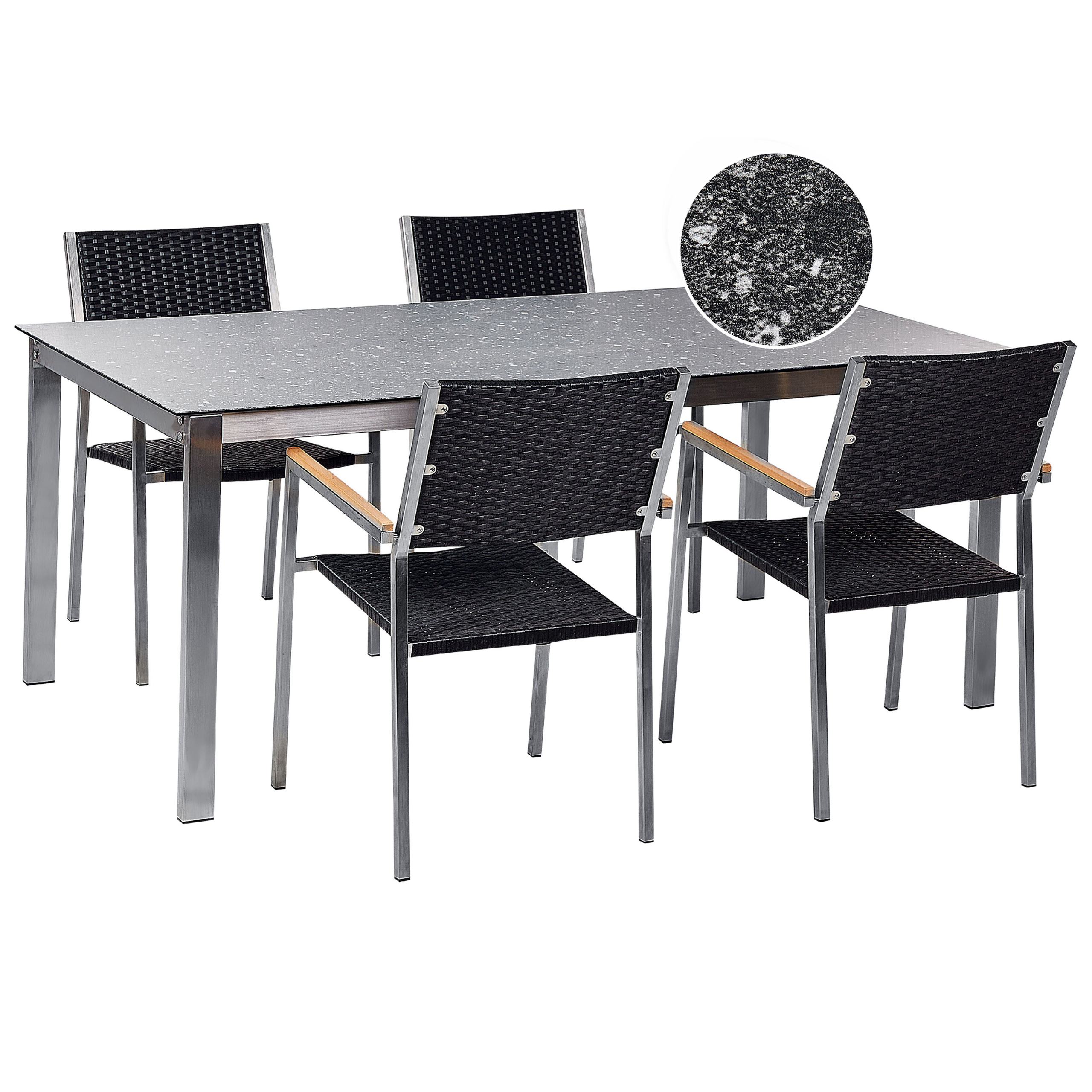 Trädgårdsmatgrupp 4-sits COSOLETO/GROSSETO Härdat glas Graniteffekt Svart