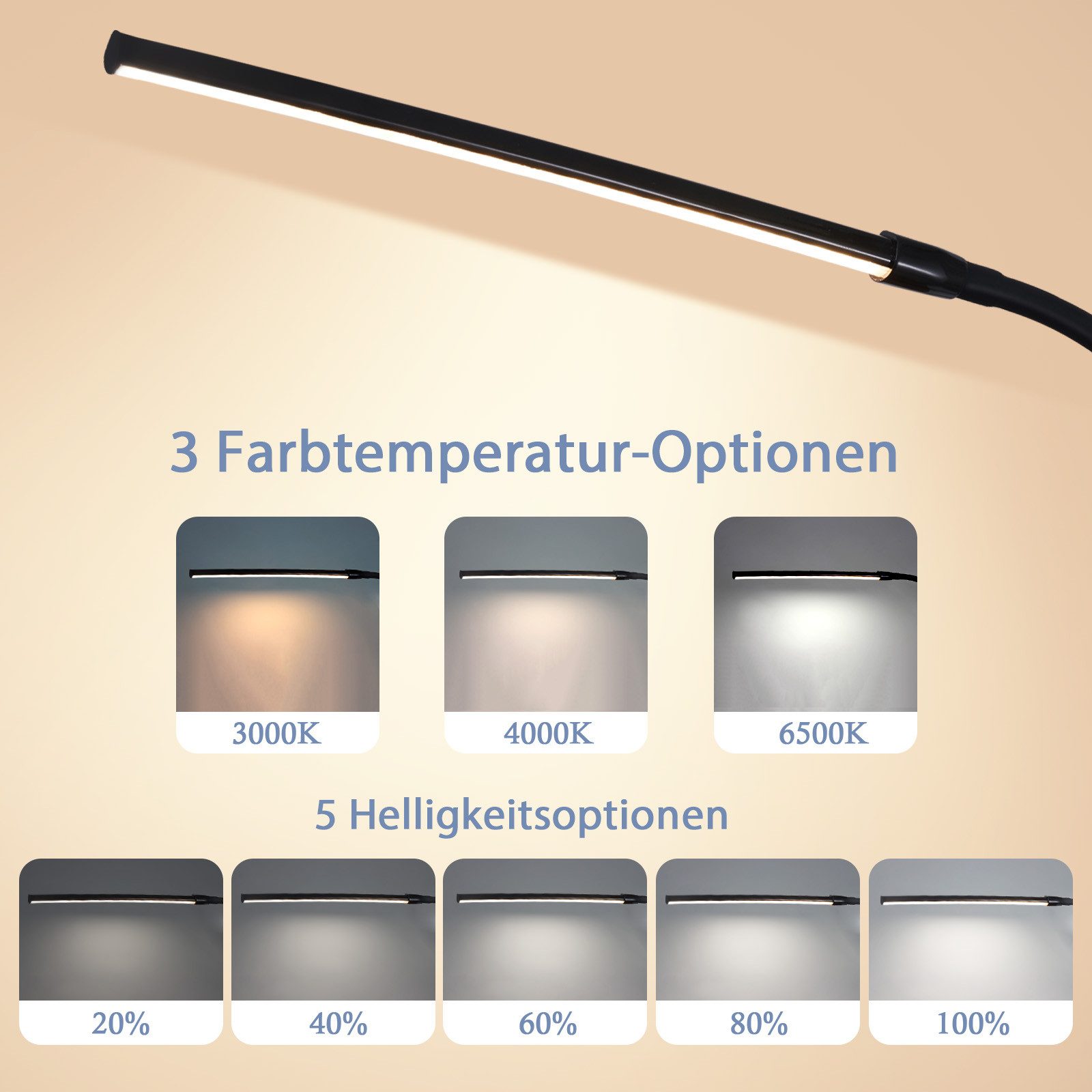 NETTLIFE LED - bordslampa, svart, klämma, 3 färger, 5 ljusstyrkenivåer, USB, 5W, dagsljuslampa, flexibel, ögonskydd