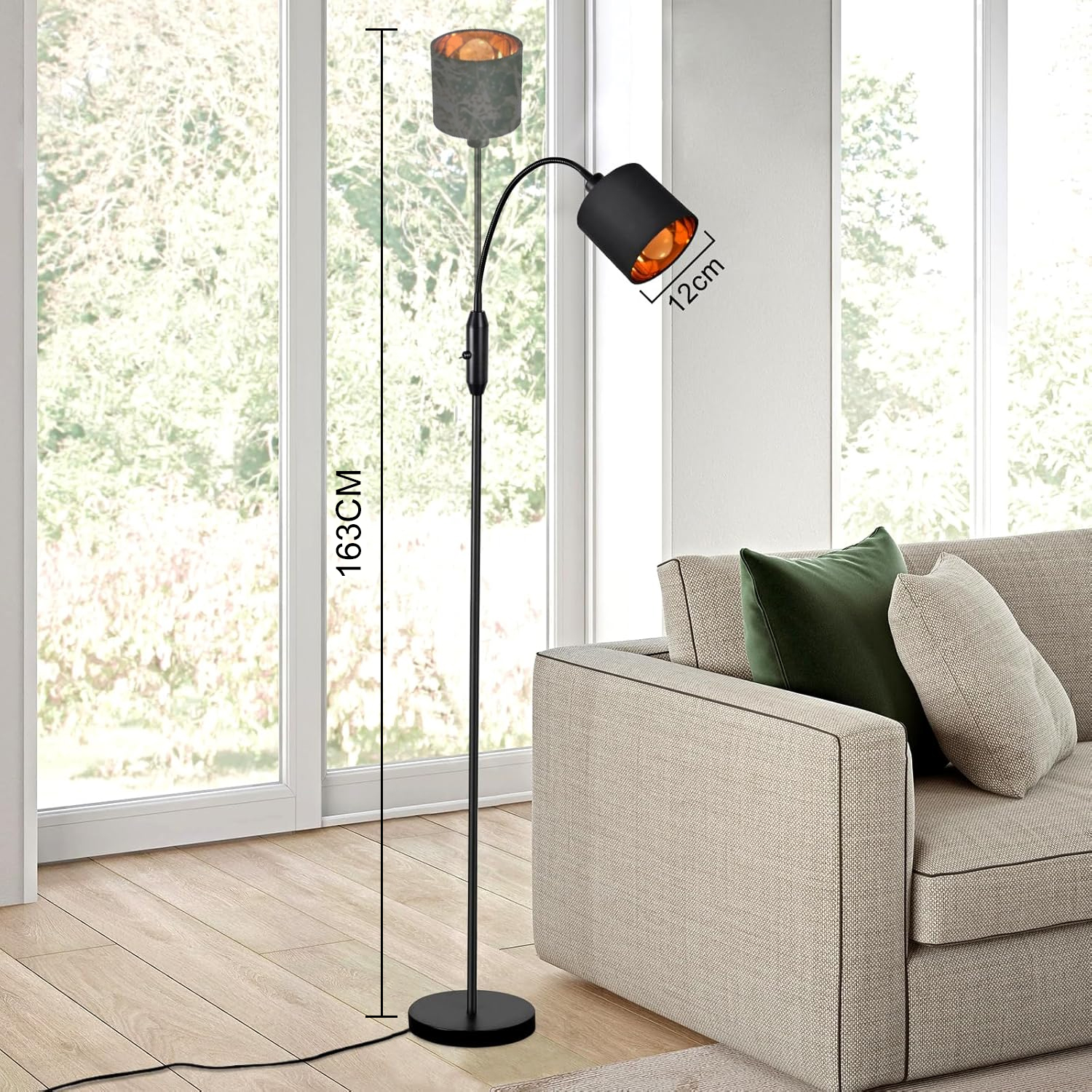 NETTLIFE Vintage svart golvlampa i vardagsrum, modern tyggolvlampa med 360° roterande båge, E14 vippströmbrytare, utan glödlampa.