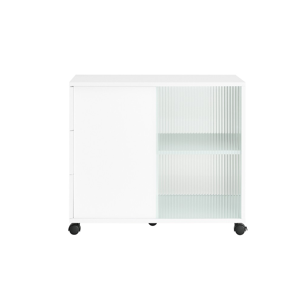 SoBuy Mobilt förvaringsskåp med hjul, skänk med 3 lådor och 2 skjutdörrar av glas, modernt nattduksbord, sidobord för vardagsrum och sovrum, vitt 70 x 35 x 61 cm FBT141-W