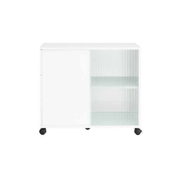 SoBuy Mobilt förvaringsskåp med hjul, skänk med 3 lådor och 2 skjutdörrar av glas, modernt nattduksbord, sidobord för vardagsrum och sovrum, vitt 70 x 35 x 61 cm FBT141-W