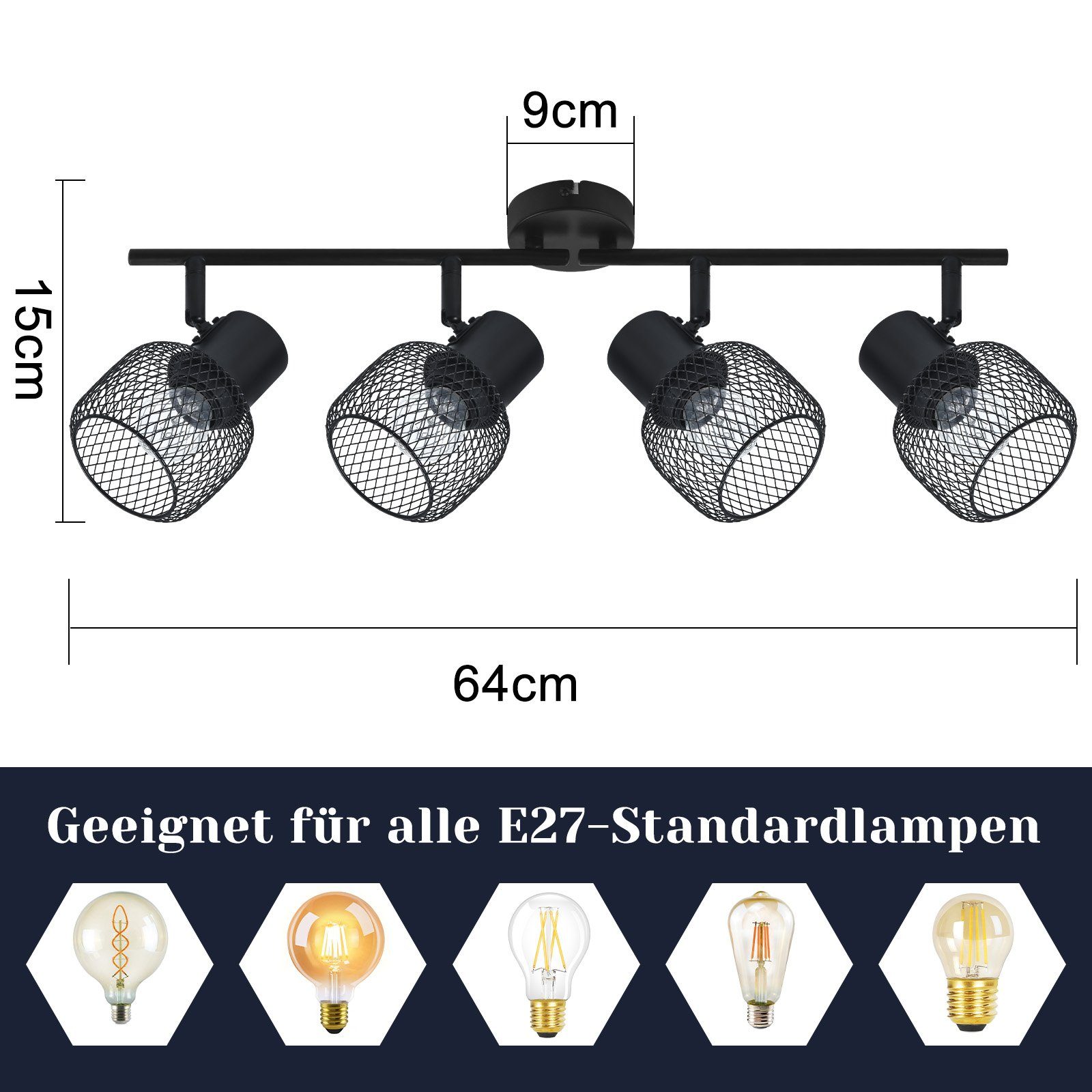 NETTLIFE 4 spotlights, max. 25 W svart, metall Taklampa, 4 vridbara, glödlampor 330° E27