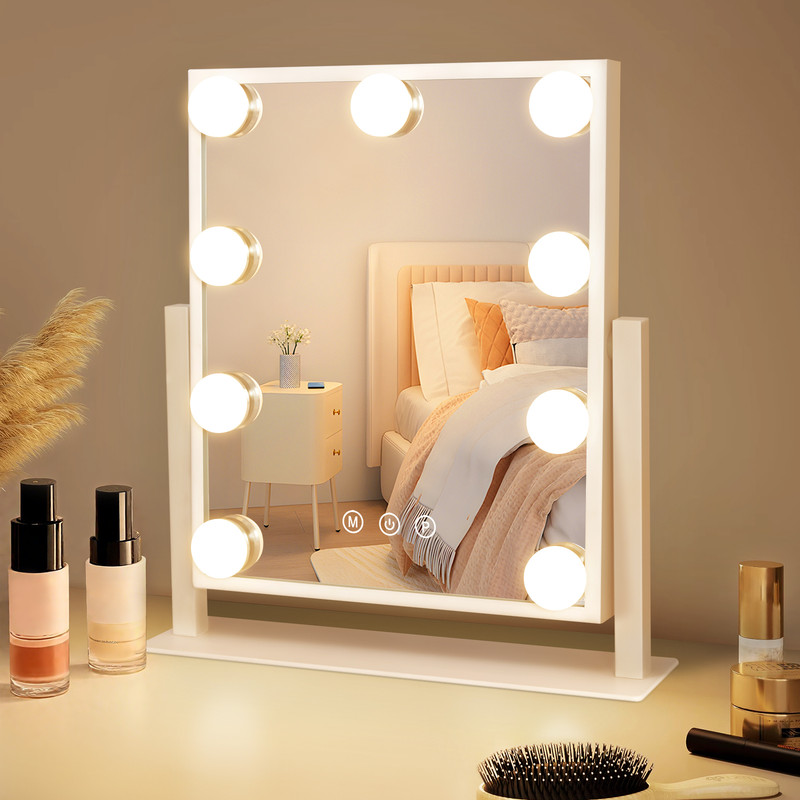 NETTLIFE Hollywood-spegel med ljus - Sminkspegel med 9 lysdioder, liten sminkspegel med ljusrotation, 3 lägen