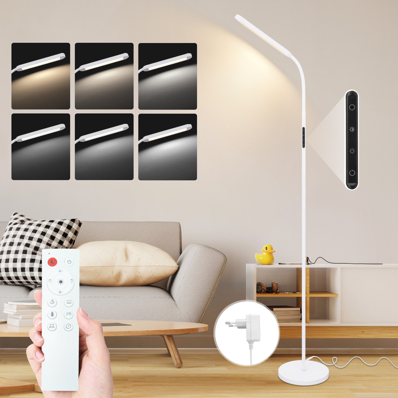 NETTLIFE LED - golvlampa för vardagsrummet, dimbar, vit golvlampa, 11 W, 360° roterbar, soffa
