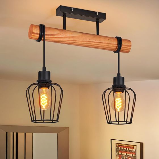 NETTLIFE Vintage taklampa i trä och svart metall Industriell retro taklampa 2xE27 för hall och kök (utan glödlampor)
