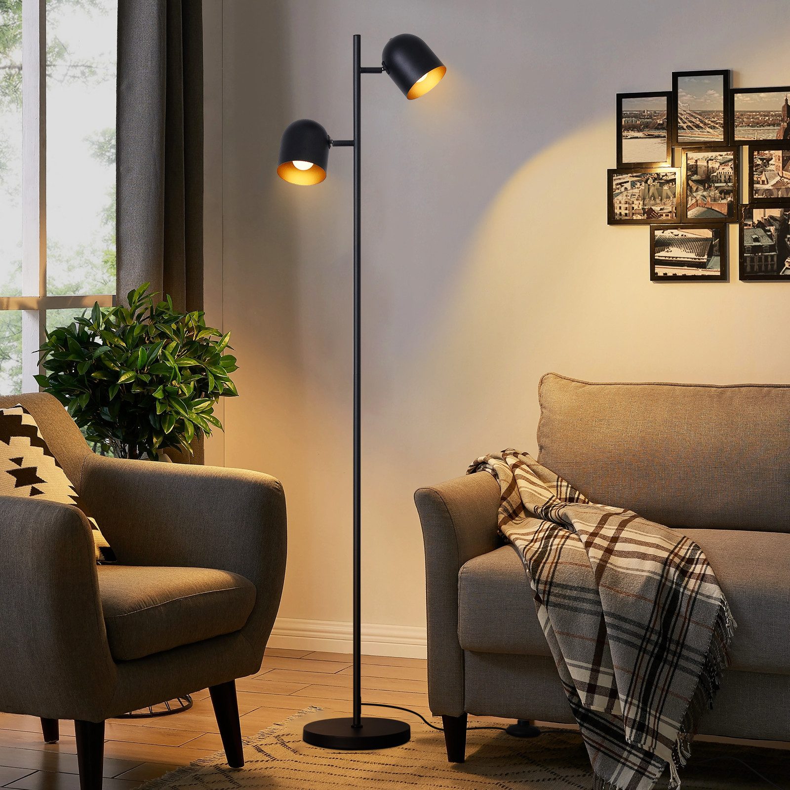 NETTLIFE - golvlampa, 2 lampor, svartguldmetall, E14, industriell golvlampa i retrostil