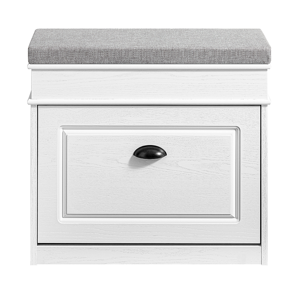 SoBuy Skobänk med sittdyna, förvaringsutrymme, skohylla, smal, platsbesparande sittbänk med förvaringsutrymme för hall, vardagsrum, sovrum, vit vintage träådringseffekt 61 x 51 x 24 cm FSR82-K-WG