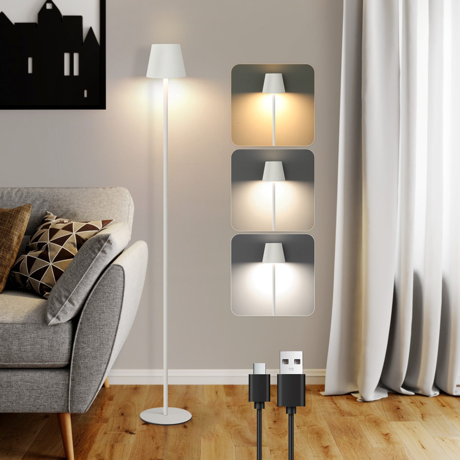 NETTLIFE LED-golvlampa svart modern dimbar 125 cm 3 färgtemperaturer USB för vardagsrum