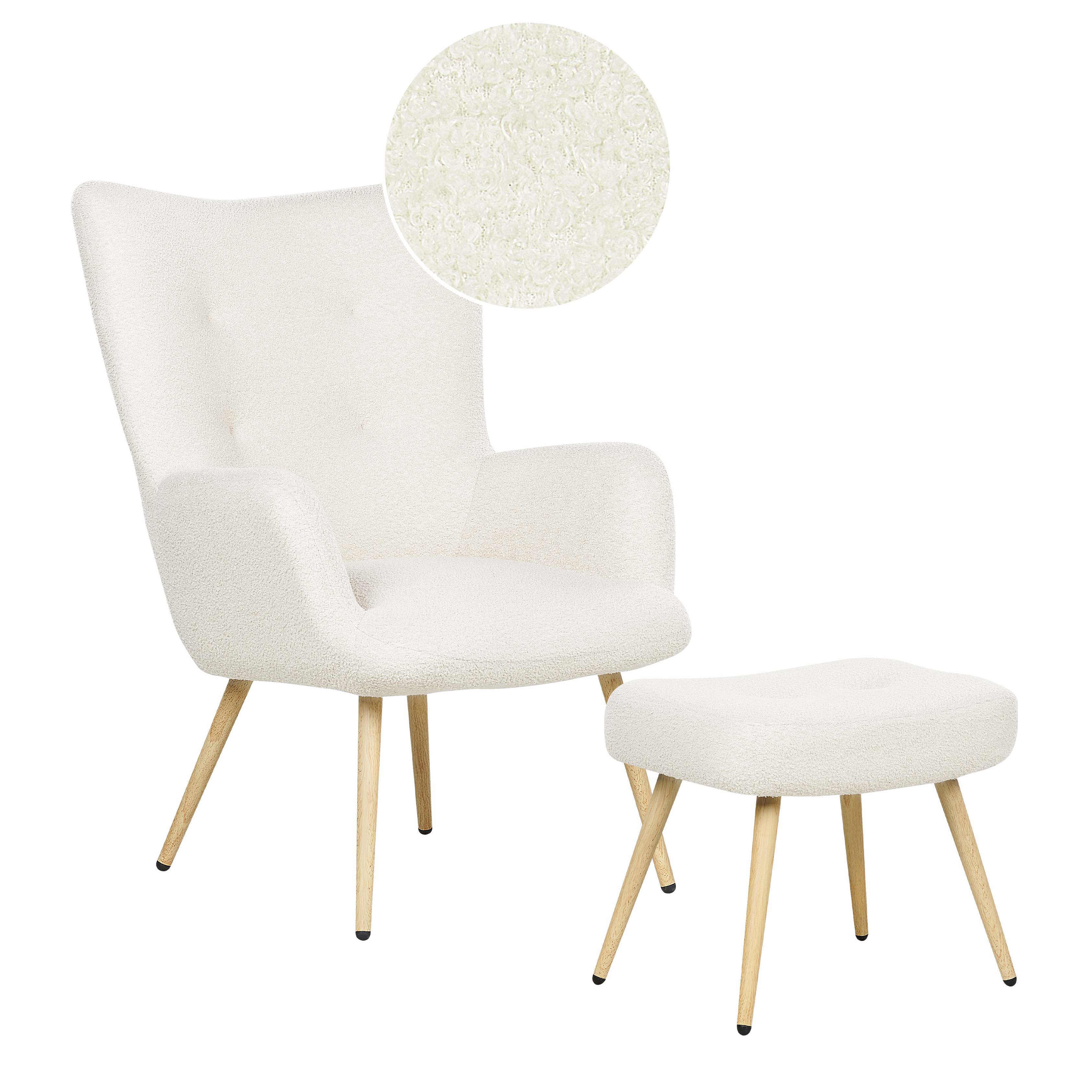 Öronlappsfåtölj VEJLE med fotpall Bouclé Off-White