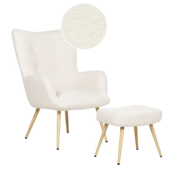 Öronlappsfåtölj VEJLE med fotpall Bouclé Off-White