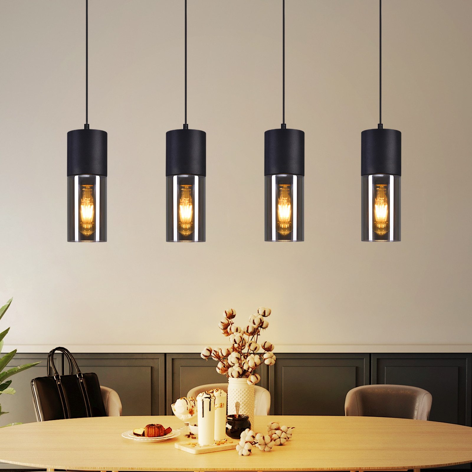 NETTLIFE matbordslampa, E27-pendellampa, 4 ljuskällor, justerbar LED, modern glasskärm