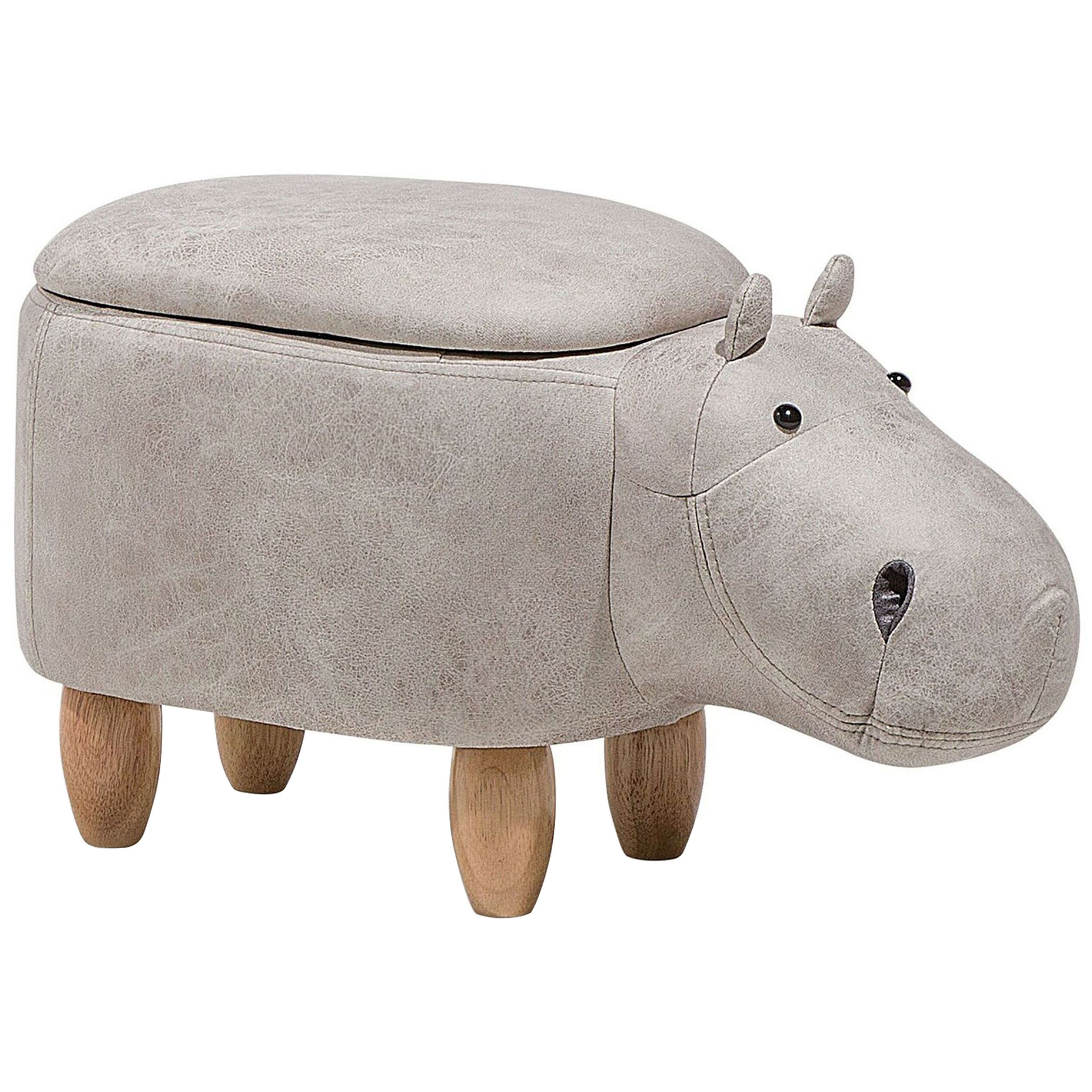 Djurpuff med förvaring HIPPO Flodhäst Konstläder Ljusgrå