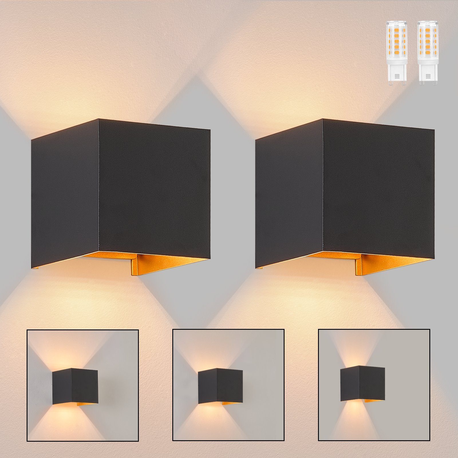 NETTLIFE LED - vägglampa, 3W, 2 st - G9, vägglampa för utomhus-/inomhusbruk, svart och guld Vattentät Dubbelstrålande, justerbar, IP65 230V, 3000K