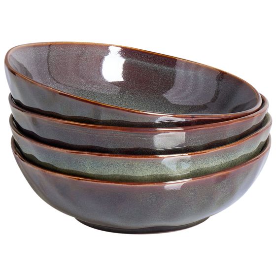 Set med 4 djupa tallrikar THYME Stengods Mörkgrön 19 cm