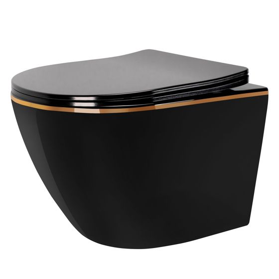 REA Vägghängd Toalettstol CARLO MINI RIMLES DUR/FLAT/ZM Svart/Guld, 49x37x33cm
