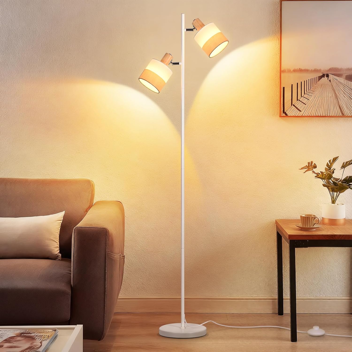 NETTLIFE Vintage golvlampa i trä i retrostil, 2 x E14-sockel, fotpedal (utan glödlampor)