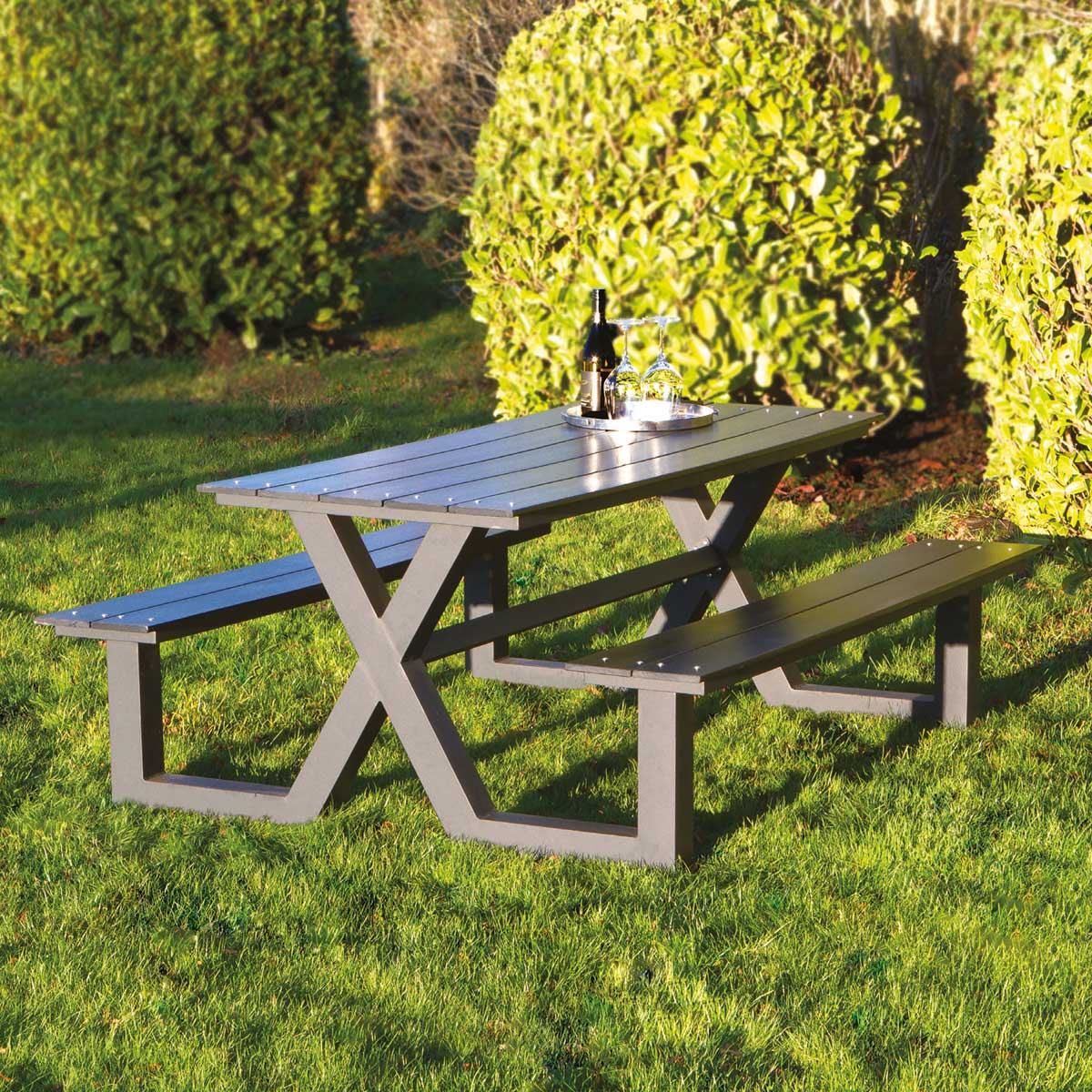 Picknickbord X-modell svart nonwood och antracitram Hortus