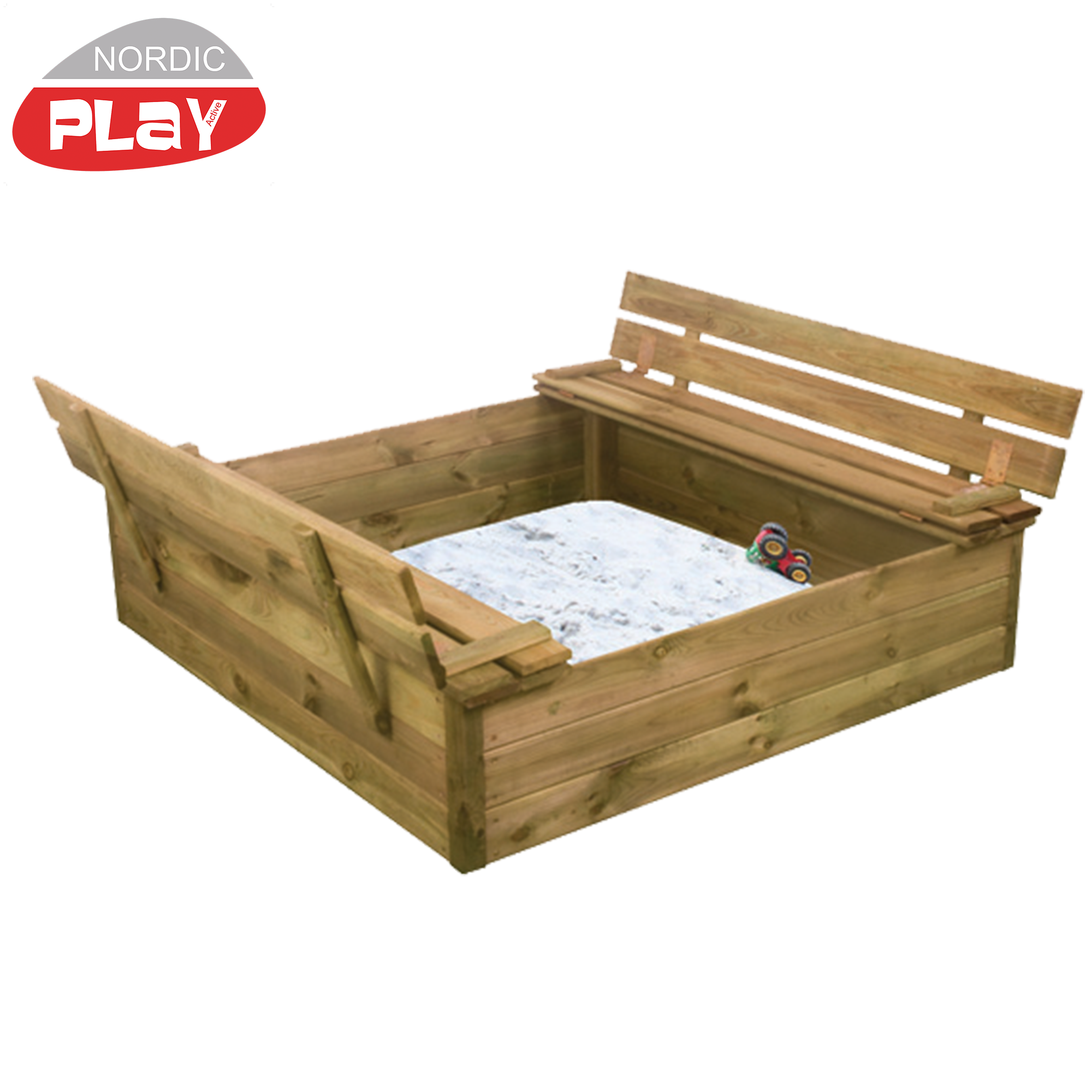 Sandlåda med vipplock och bänk, 120x120 cm, inkl. 240 kg sand NORDIC PLAY